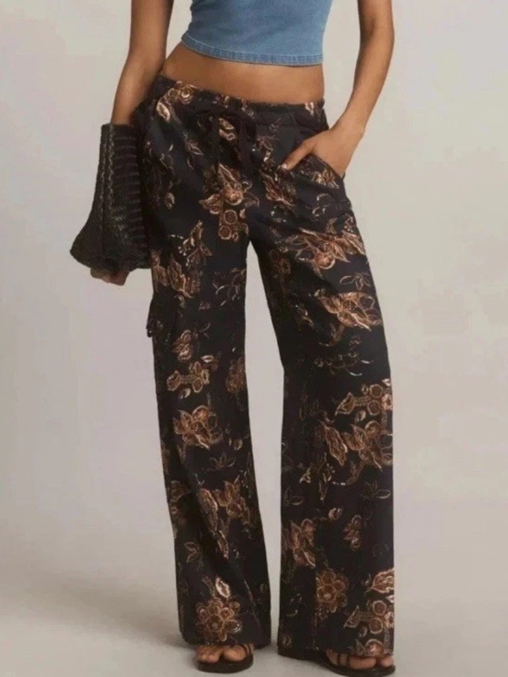 Anthropologie Pilcro Beach Cargo Linen Pants Pockets Floral Loose Size L Large